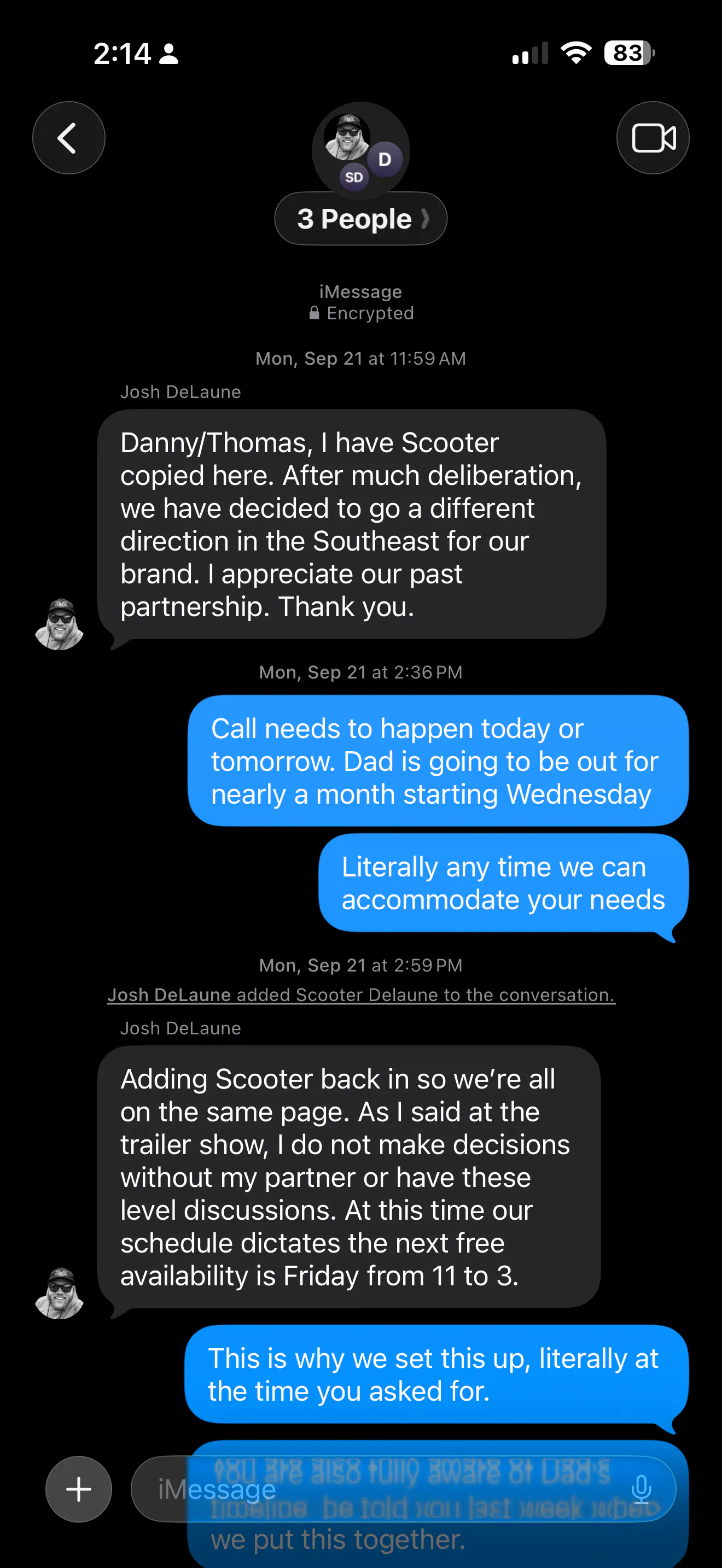 September 21 text thread: Patriot ends the Southeast relationship at 11:59 a.m., AllPro asks for a call at 2:36 p.m., Patriot offers Friday from 11 to 3