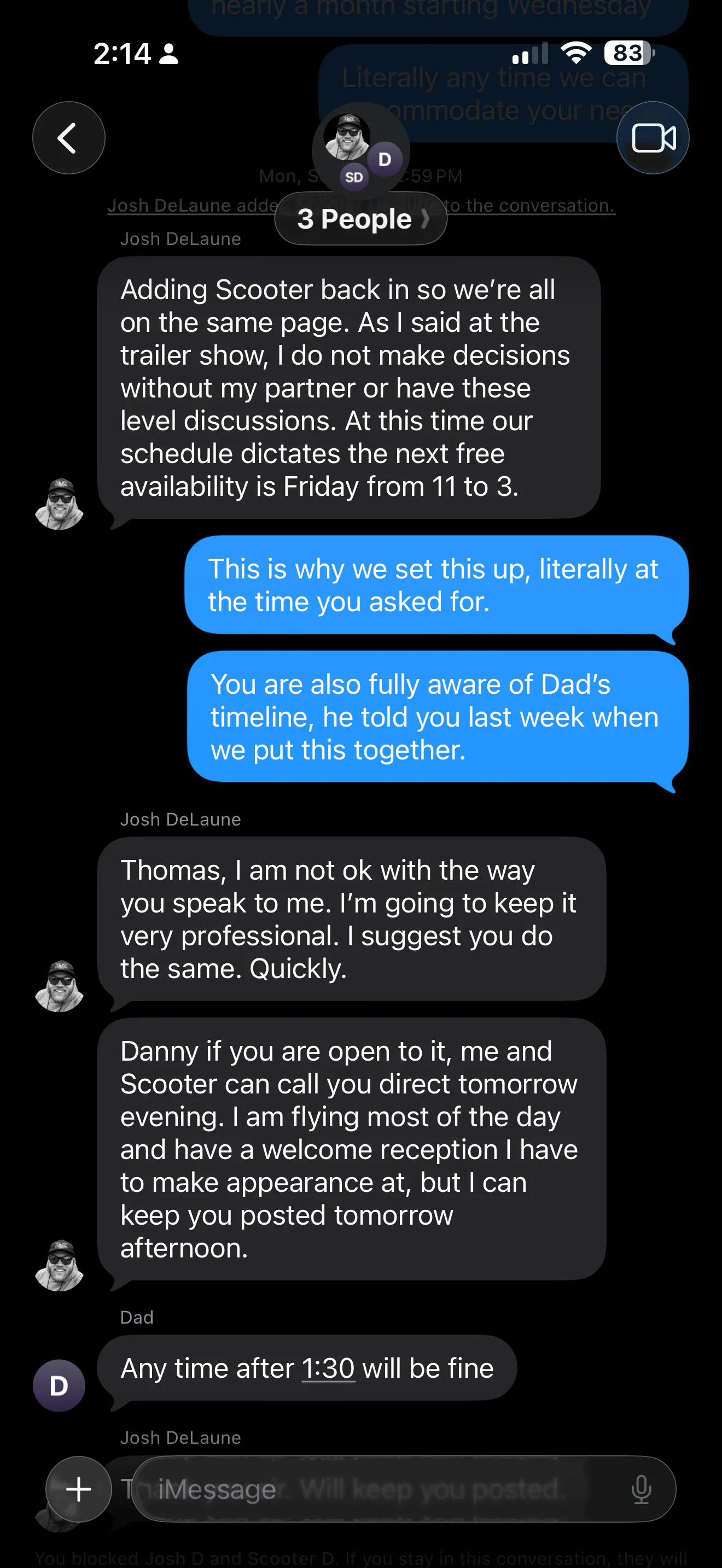 September 21 follow-up: Patriot offers Danny a call the next evening, and Danny accepts after 1:30