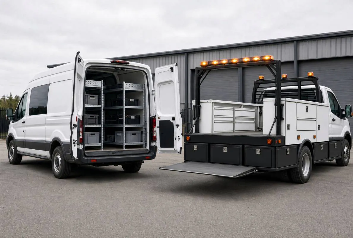 Van shelving and a service truck with underbody boxes, a headache rack, and strobes