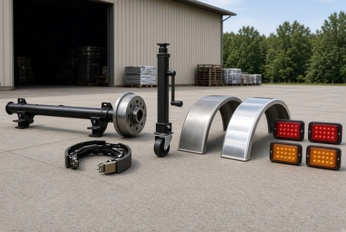 Lippert axle, MAT brake, RAM swivel jack, Parmer fenders, and Jammy lights