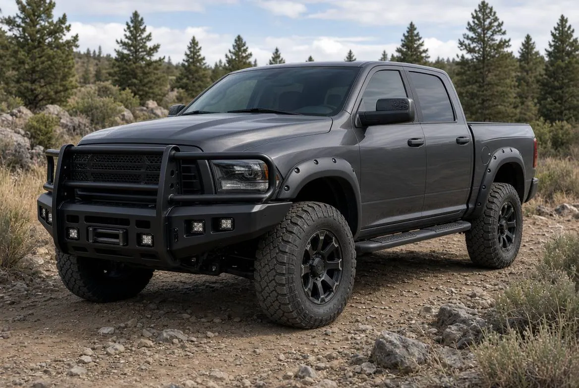 Pickup front end with a Ranch Hand bumper, grille guard, flares, and running boards