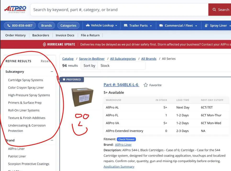 Spray-in bedliner category with the subcategory list circled in the refine panel